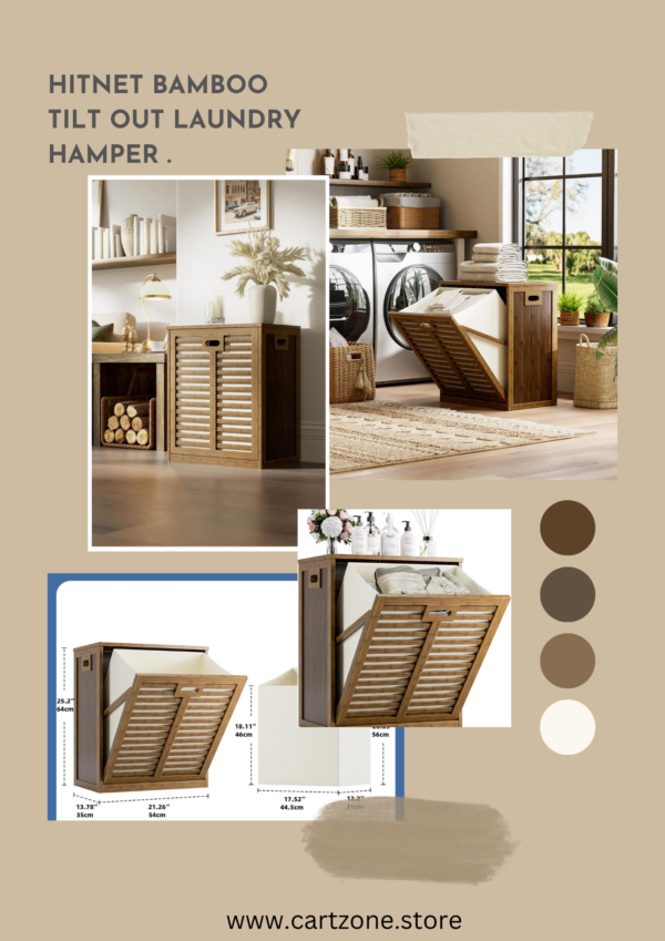 Bamboo Tilt Out Laundry Hamper Cabinet | Bathroom Storage Organizer with Hidden Removable Basket & Walnut Finish.