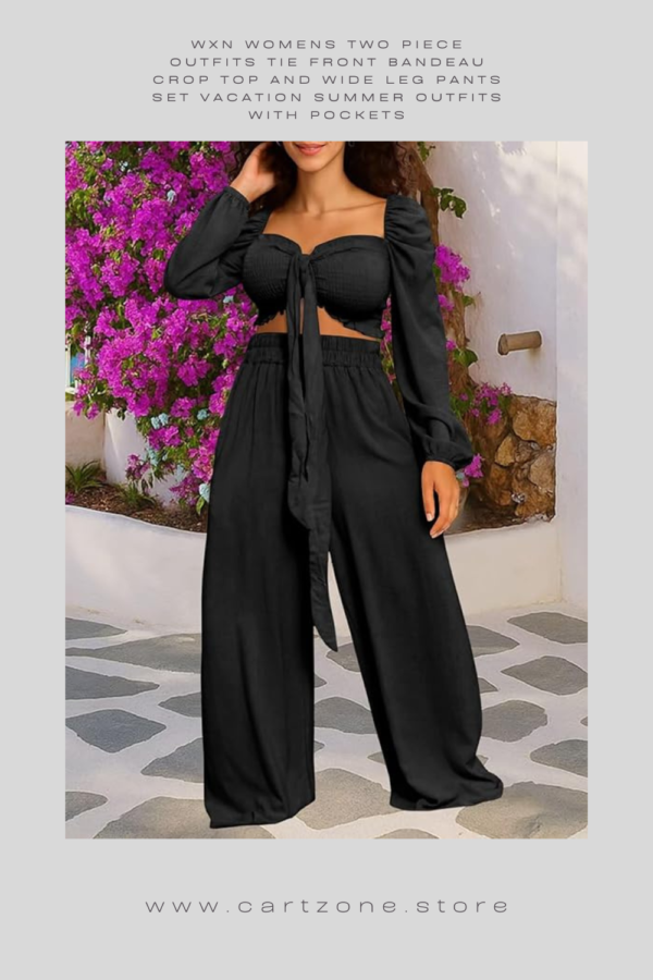 Summer Two Piece Set for Women | WXN Bandeau Crop Top & Wide Leg Pants Matching Outfit.