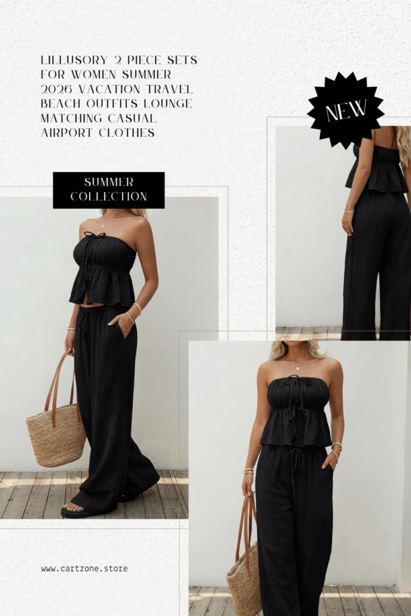 LILLUSORY Women’s 2 Piece Summer Vacation Outfit Set – Cotton Tube Top & Wide Leg Pants.