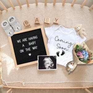 9 Pcs Pregnancy Announcement Set – Felt Letter Board, Baby Bodysuit, Wooden Coming Soon Sign & Baby Shoes for Family Baby Reveal.