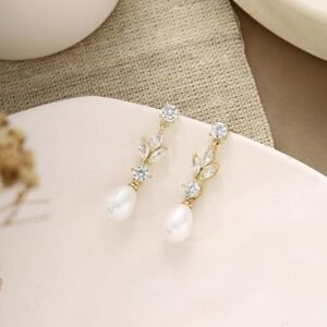 Pearl Earrings for Women Dainty Diamond Pearl Drop Earrings 14k Gold Plated Dangle Earrings for Women Weddings Gifts Bridesmaid Gifts.
