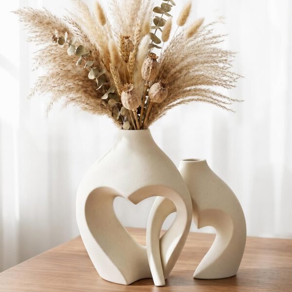 White Heart Shaped Ceramic Vase Set of 2 – Nordic Minimalist Decorative Vases for Home, Wedding & Table Centerpieces.