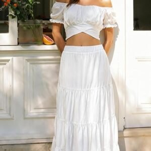 Two Piece Skirt Set for Women 2026 | Boho Summer Vacation Outfit with Off-Shoulder Crop Top & Flowy Maxi Skirt Matching Set.