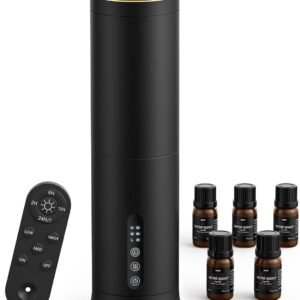Waterless Diffuser with 5 Hotel-inspried Scent Oil Set – Cold Air Diffuser Up to 2000 Sq.ft for Large Home Office Hotels and Spas, Remote & Panel Control, 4 Timer 3 Scent Intensity Models, 3.4 fl oz