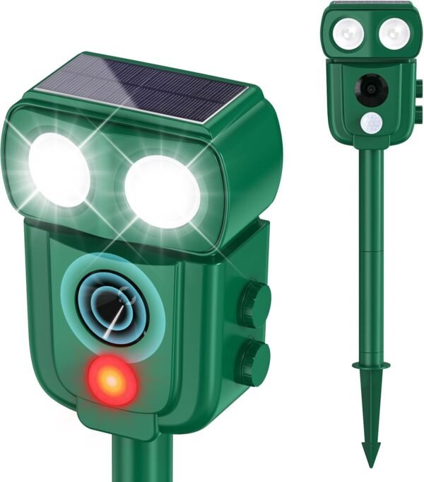 Ultrasonic Animal Repellent Outdoor, Solar Power Cat Raccoon Deer Repeller, Rabbit Snake Control with Motion Sensor and Flash Light, Waterproof Squirrel…