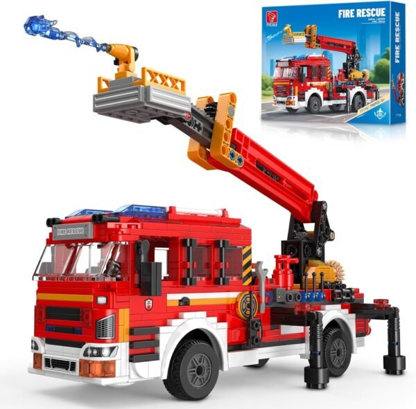 TYCOLE City Fire Engine Truck with Ladder Toy, Technic Building Blocks Car Sets,