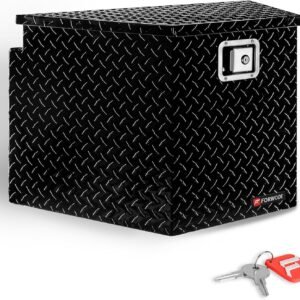 Trailer Tongue Box 29 Inch Aluminum Tongue Tool Box Lockable Trailer Tool Chest with Gas Strut, Secure Diamond Plate Truck Tongue Tool Box for Trailer, Truck Bed, Pickup