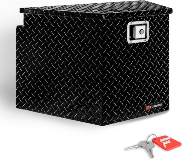 Trailer Tongue Box 29 Inch Aluminum Tongue Tool Box Lockable Trailer Tool Chest with Gas Strut, Secure Diamond Plate Truck Tongue Tool Box for Trailer, Truck Bed, Pickup