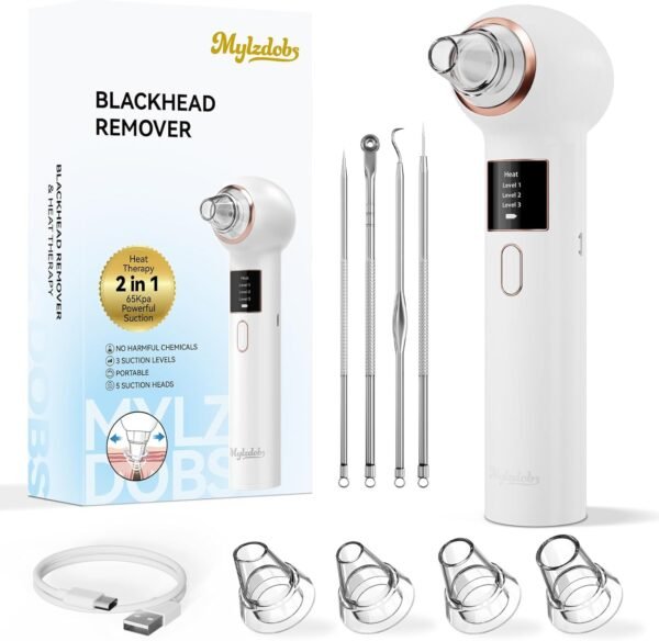 Blackhead Remover Vacuum 3 Levels for Facial Cleansing,White | 5 Interchangeable Heads, Includes Traditional Blackhead Loop Tool Set, Facial Cleansing