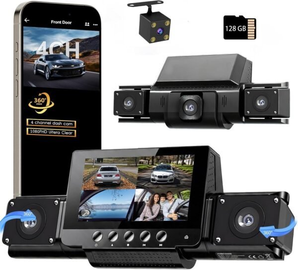 4 Channel Dash Cam Front and Rear with 360° View for All-Round Protection, 4-Way Recording, Built-in 5G WiFi & GPS, APP Control, 8 IR LEDs, 24H Parking Monitor, G-Sensor, Free TF Card(4CH(128GB)