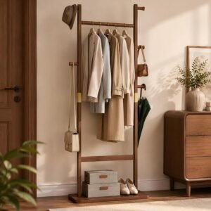 Solid Wood Coat Rack Freestanding, Clothing Rack with 5 Hooks & Bottom Shelf, Coat Rack Stand for Hanging Clothes, Wood Hall Tree Organizer for Entryway, Bedroom (Walnut Brown 23.6″W x 70.8″H)