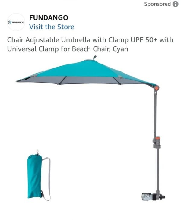 Chair Adjustable Umbrella with Clamp UPF 50+ with Universal Clamp for Beach Chair, Cyan